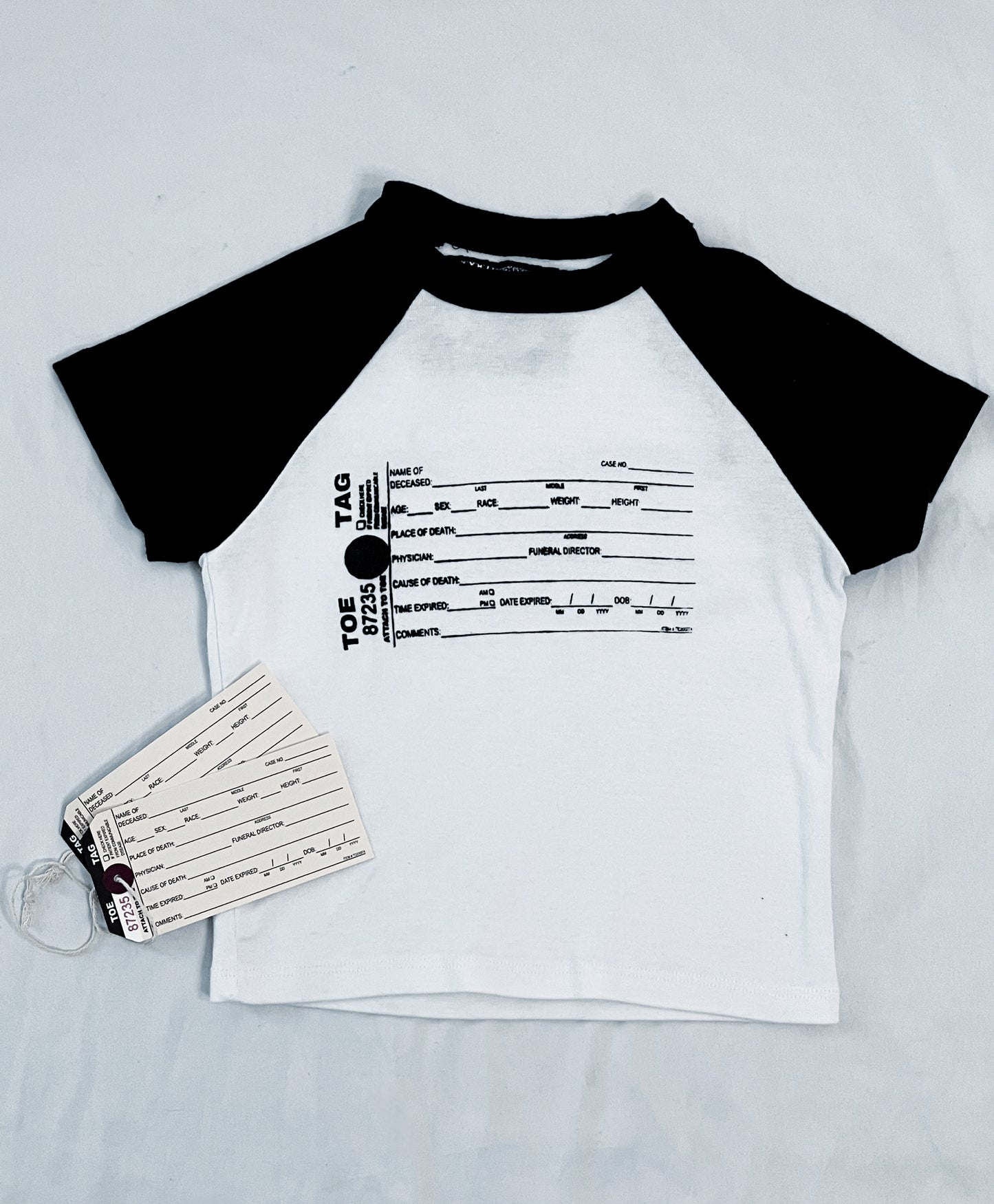 Toe tag baseball tee