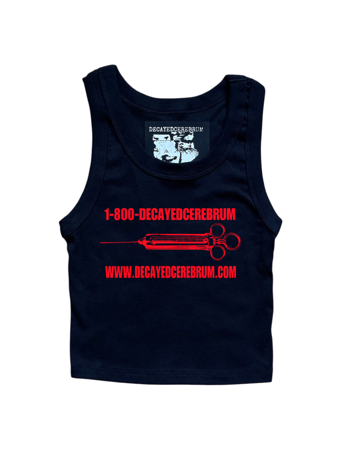 1-800-Decayedcerebrum red cropped tank