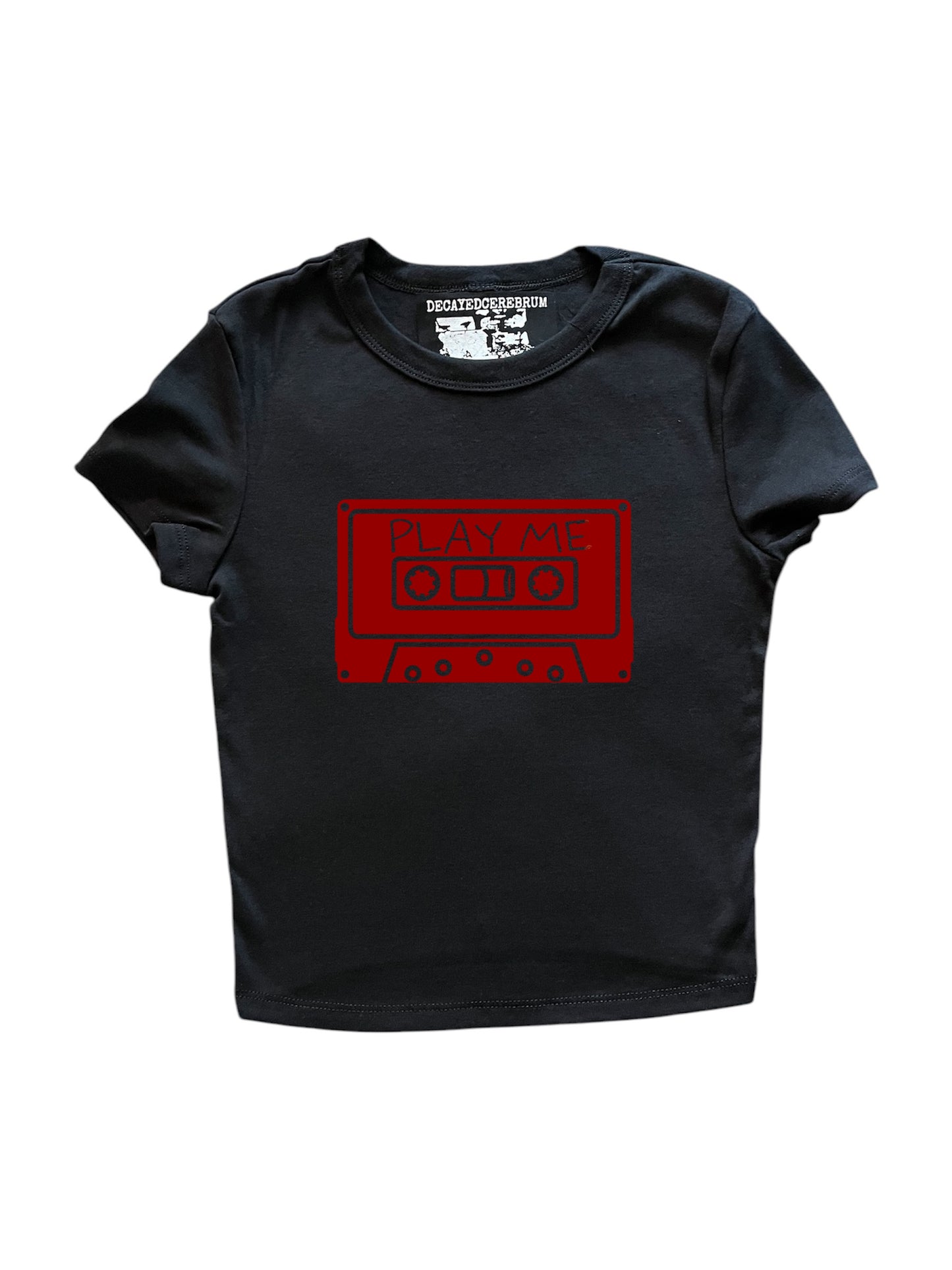 Play me red cassette tape cropped baby tee
