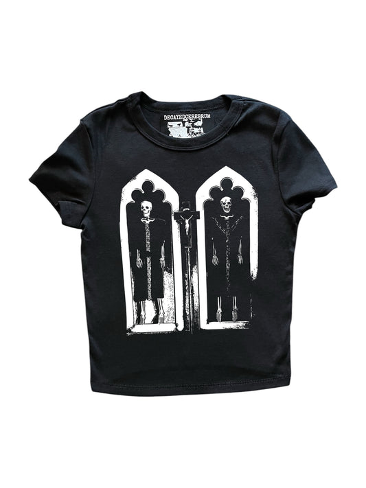 Skeleton coffin cropped baby tee