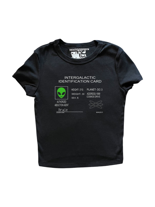 Intergalactic identification card cropped baby tee