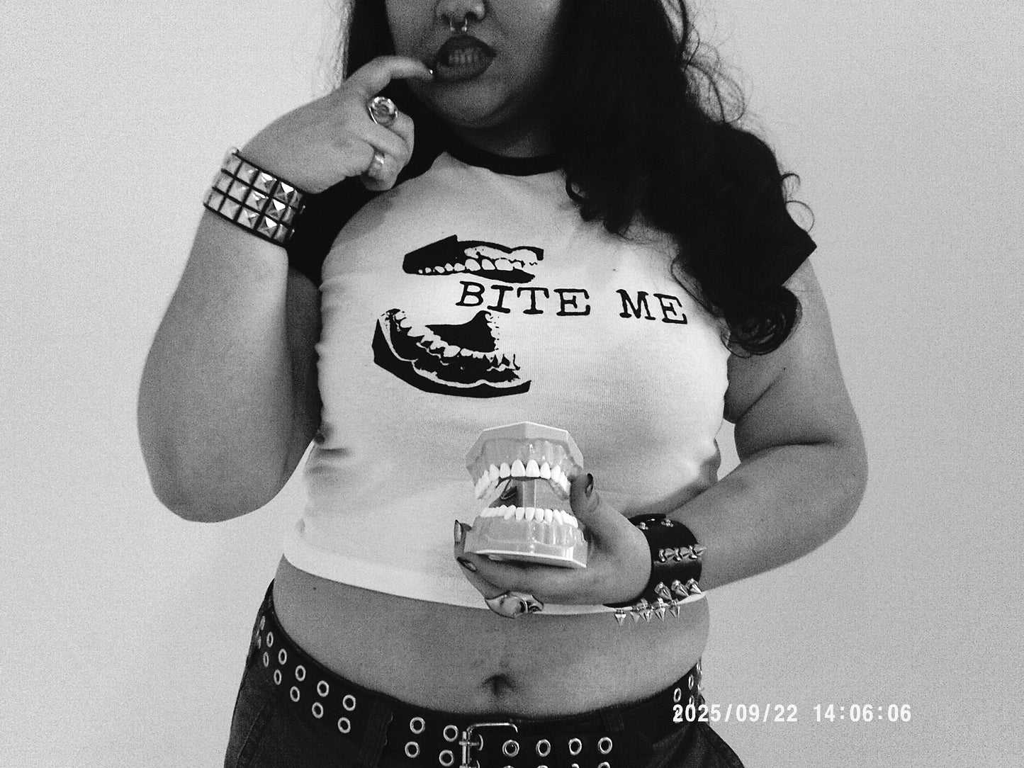“Bite me” teeth baseball tee